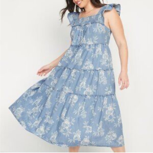 Old Navy Dresses & Skirts - Old Navy Blue Floral Tiered Smocked Midi Dress Medium Flutter Sleeve Cottagecore